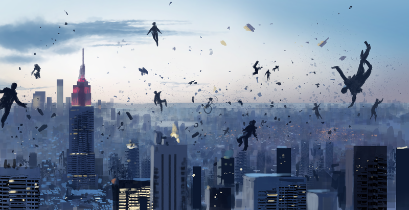 漂浮城市碎片与摩托的失重壁纸