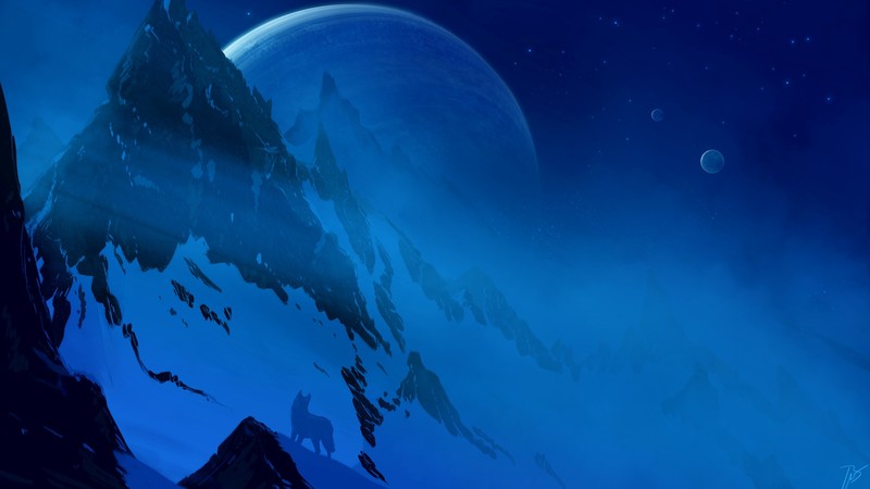 绝绝子！画师JoeyJazz笔下的雪山月夜星际狼壁纸太绝了