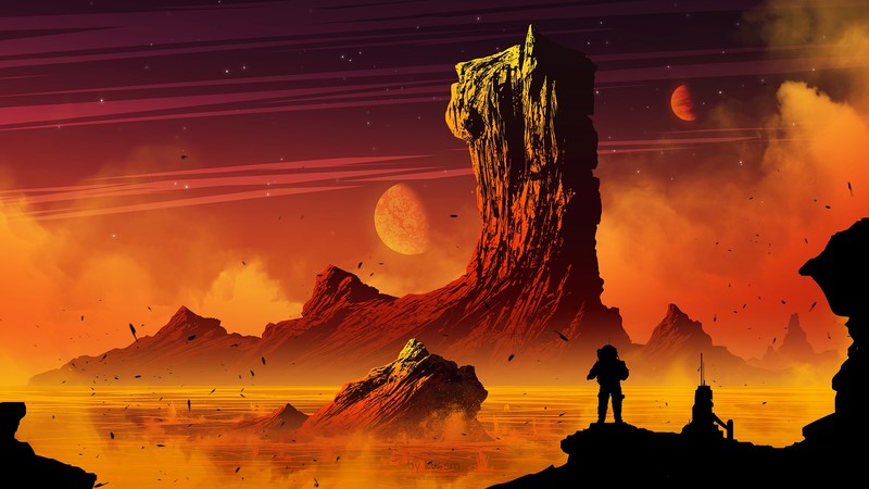 宇航员漫游橙色星际山景壁纸
