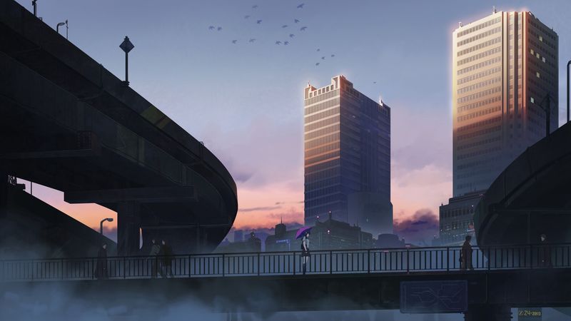 都市少女与伞的桥景壁纸