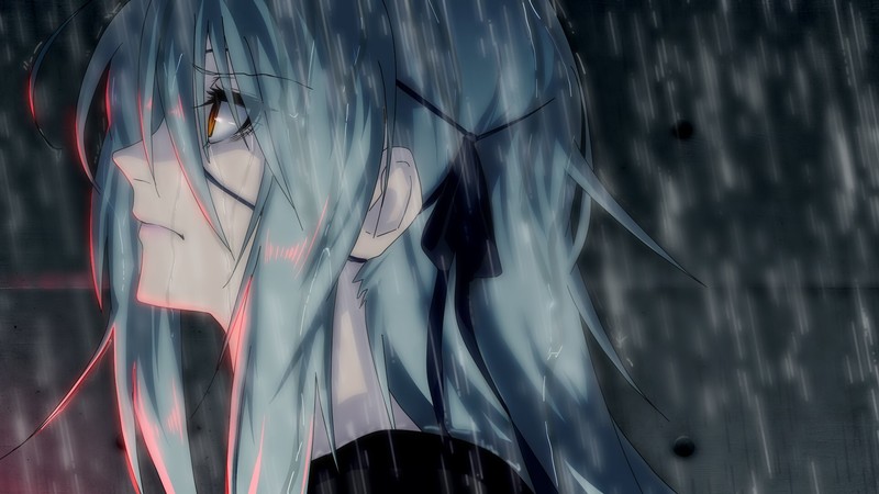 蓝发动漫少女戴眼罩 雨天氛围感壁纸合集