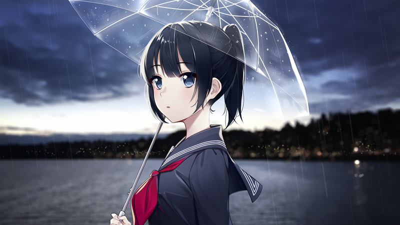 撑伞避雨的二次元少女们