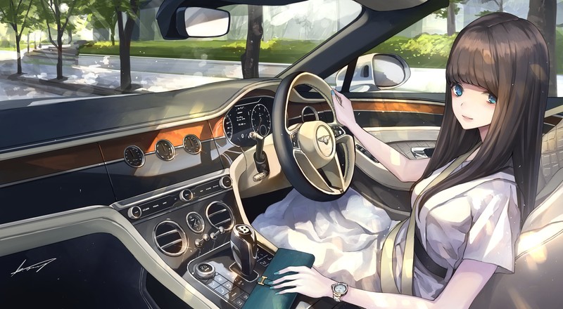 黑发长发动漫少女与宾利高清壁纸