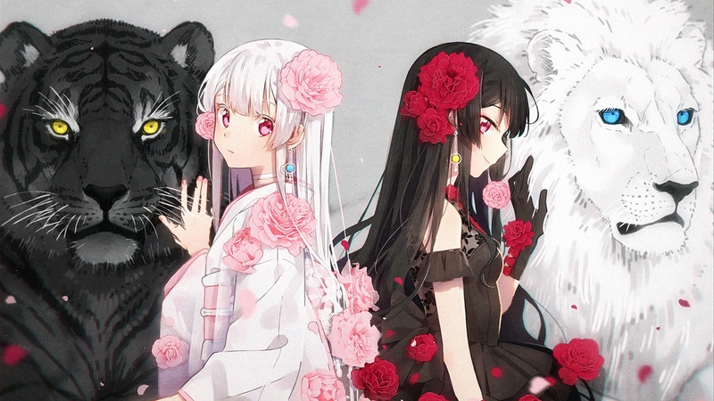 长发少女与狮虎的动漫高清壁纸