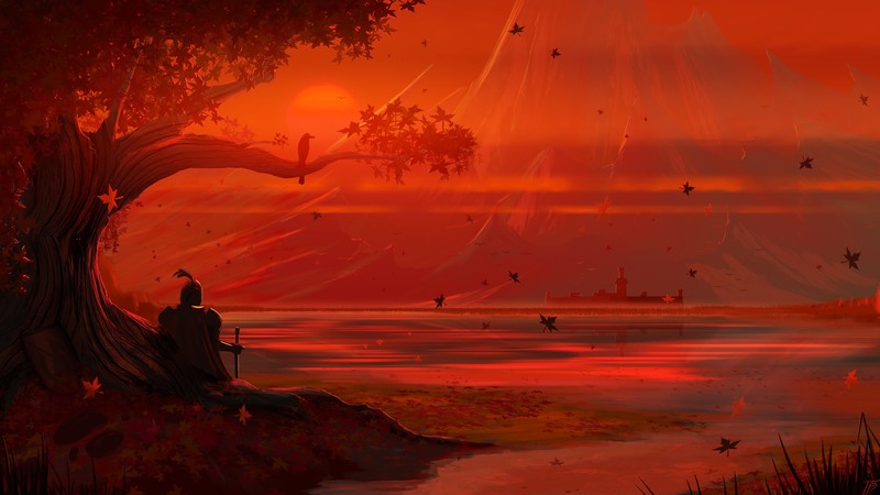 JoeyJazz奇幻风格壁纸 秋日山林日落骑士红叶氛围感拉满