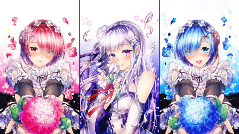 拉姆（Re:0），爱蜜莉雅（Re:0），爱蜜莉雅，《Re：从零开始的异世界生活》，动漫少女，动漫，漫画，婚礼，发间花朵，女仆，精灵耳，女性，蕾姆（Re:0）高清壁纸