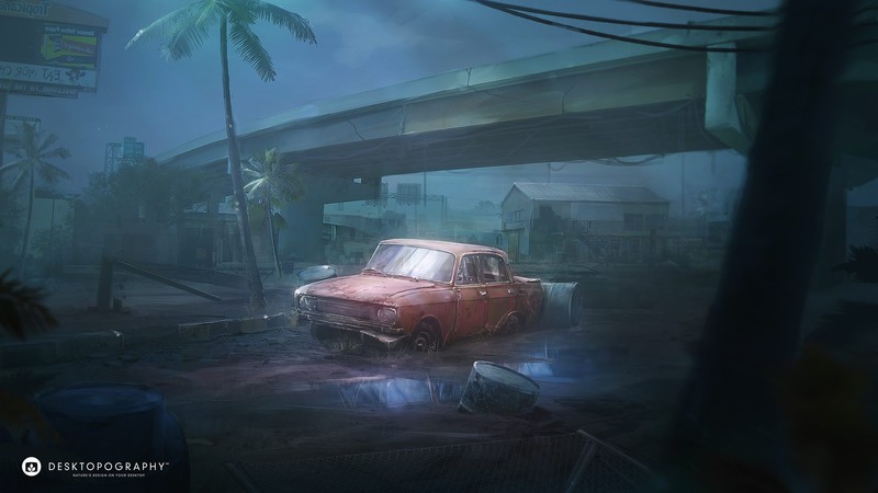 废弃数字汽车桥与棕榈树之城