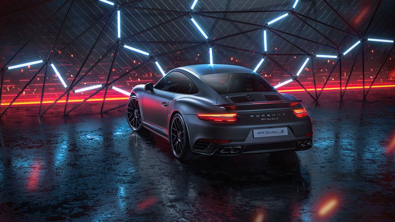 深夜霓虹里的灰保时捷911 Turbo S 4K壁纸