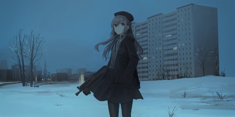 # 绝美二次元少女雪景持枪壁纸 都市公寓里的飒爽瞬间