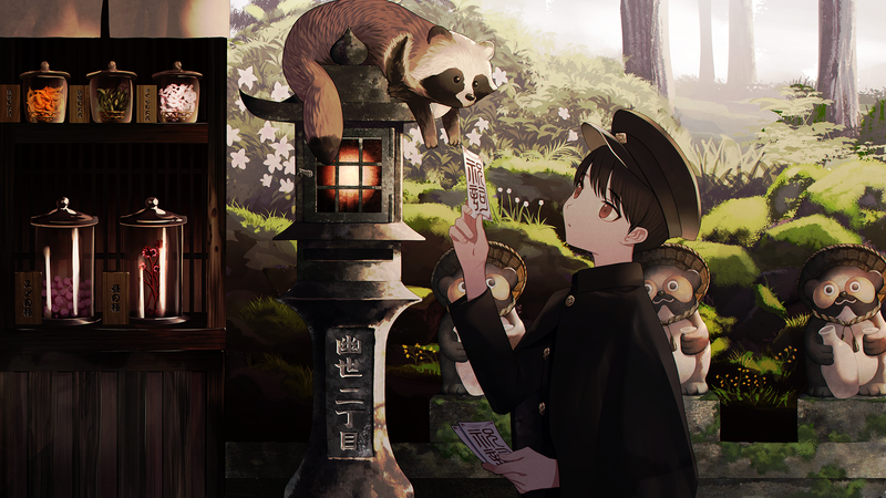 雄性狸猫 自然 灯笼 神社 动物高清壁纸