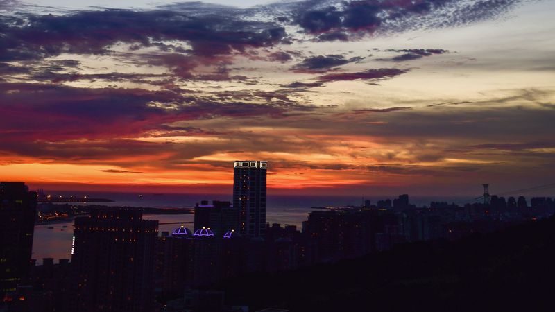 城市高空航拍日落黄昏全景