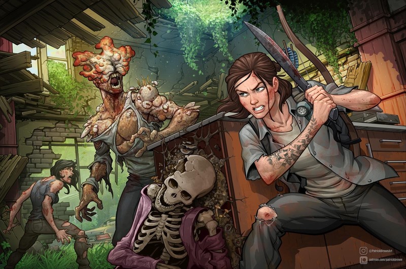最后生还者2同人插画合集 艾莉 Williams 女性,自然,手绘,骷髅,废弃场景,手绘少女,怪物,棕发,帕特里克·布朗,植物,背包,蘑菇,真菌,碗,弓箭,提灯