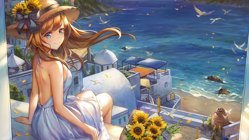 夏日海边的向日葵少女壁纸