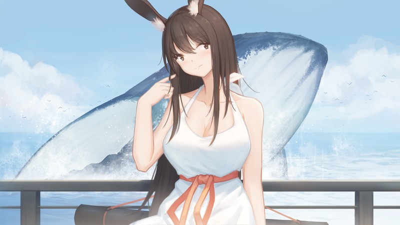 动漫少女白裙兔耳鲸鱼高清壁纸