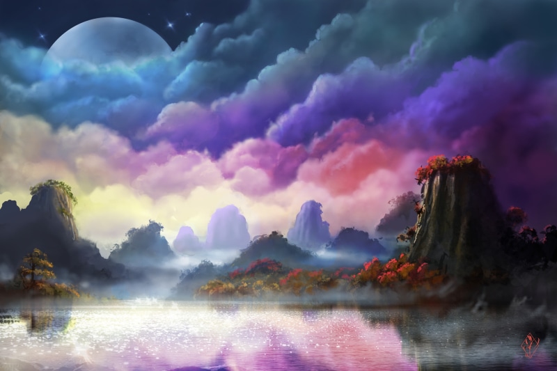 绝美水岸山湖奇幻画作壁纸
