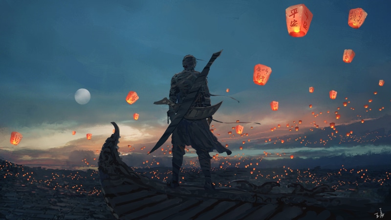 WLOP奇幻风插画壁纸分享：提灯暖光下的林间小屋