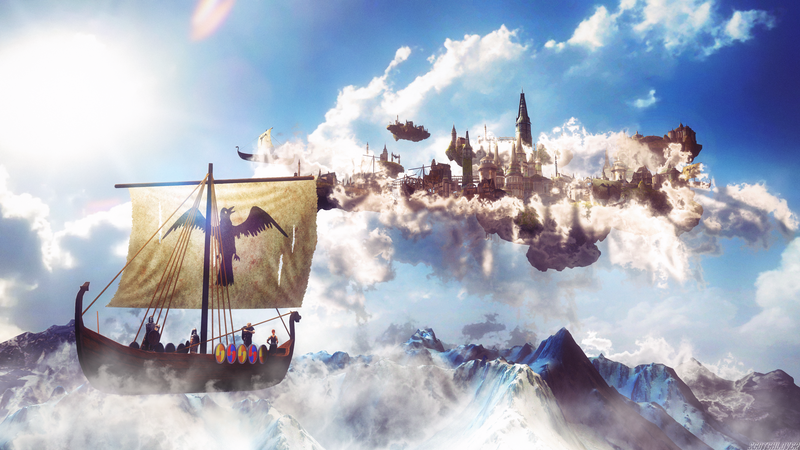 维京风航海幻想壁纸！山海古堡云雾间的扬帆之旅