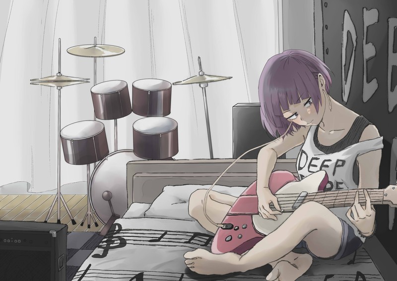 我的英雄学院 动漫女孩 短发 吉他 架子鼓 紫发 微笑 蓝眼睛 耳郎响香 同人创作 高清数字艺术壁纸