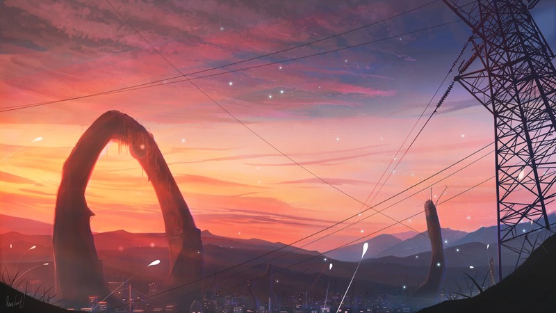 动漫风架空线天空户外风景高清壁纸