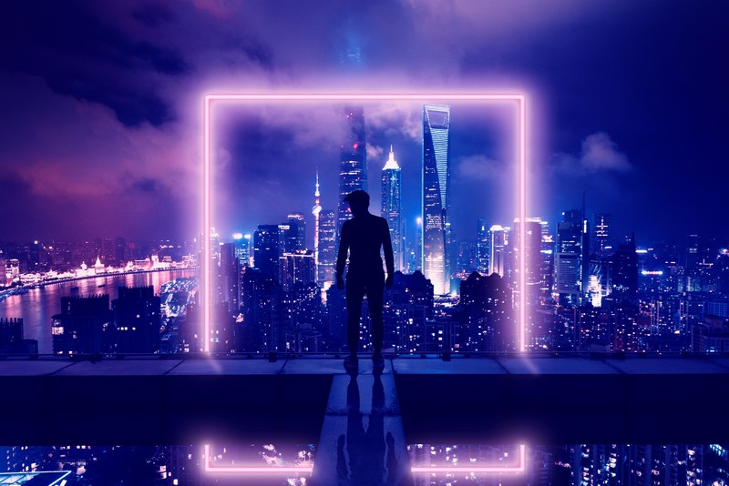 上海霓虹夜 孤身城市蓝粉壁纸