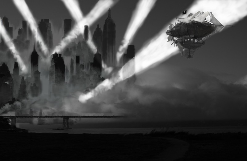 蒸汽朋克柴油风迷雾都市 射灯与飞艇氛围感壁纸