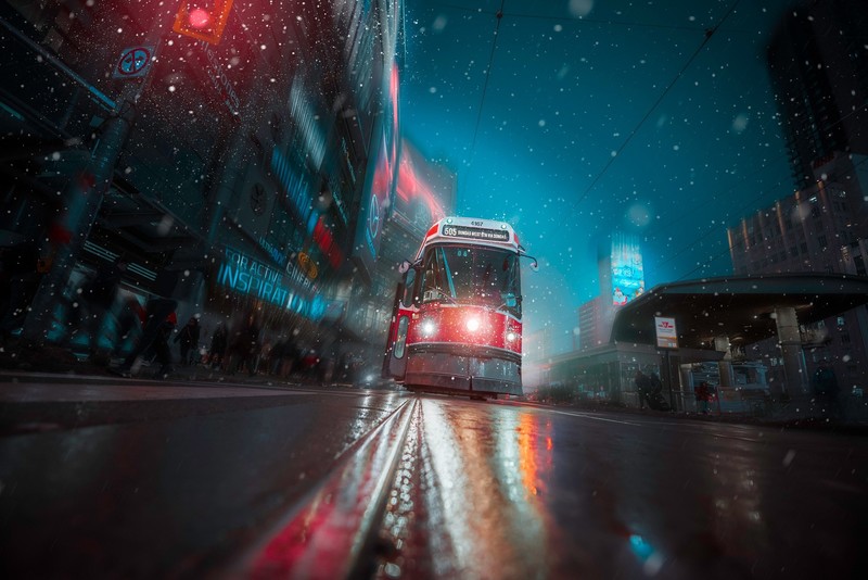 电车都市霓虹夜景高清壁纸