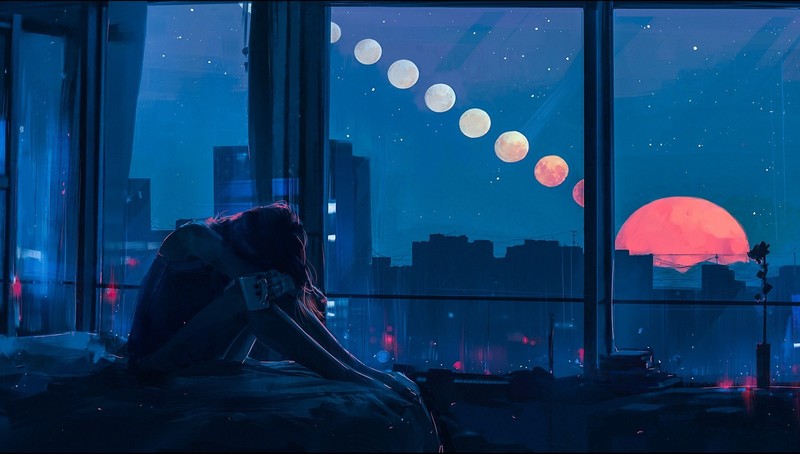 深夜窗边独处的女性数字艺术壁纸