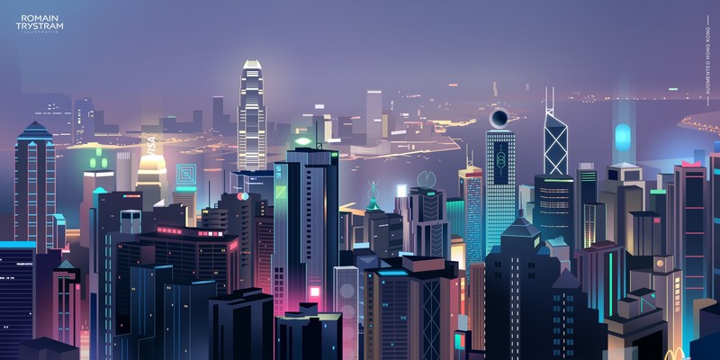 香港霓虹未来城手绘壁纸