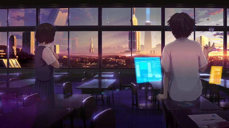 绝绝子！当教室遇上赛博科幻落日城，这壁纸直接戳中审美点