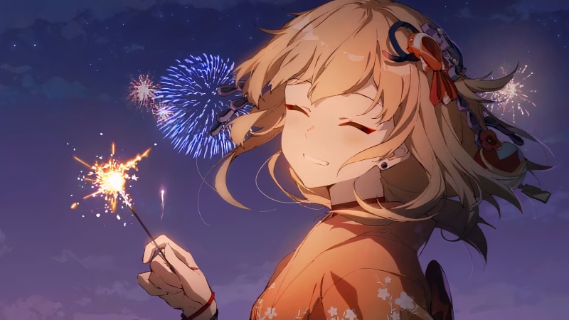 烟花 浴衣 电子游戏 动漫 缠胸布 金发 游戏少女 动漫少女 原神 宵宫(原神) 微笑 5K高清壁纸