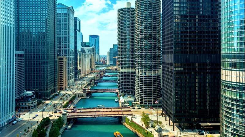 蓝天下芝加哥运河城景壁纸合集