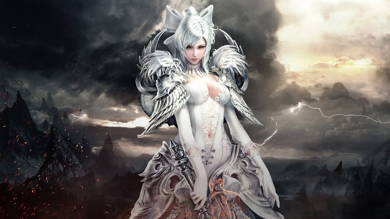 这款MMORPG游戏壁纸绝了！白发黄肤女战士携雷霆之力降临