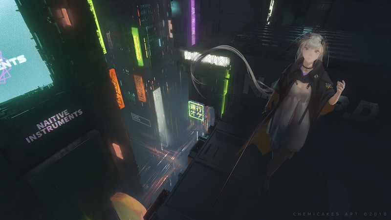 深夜赛博都市里的武士刀与霓虹壁纸合集