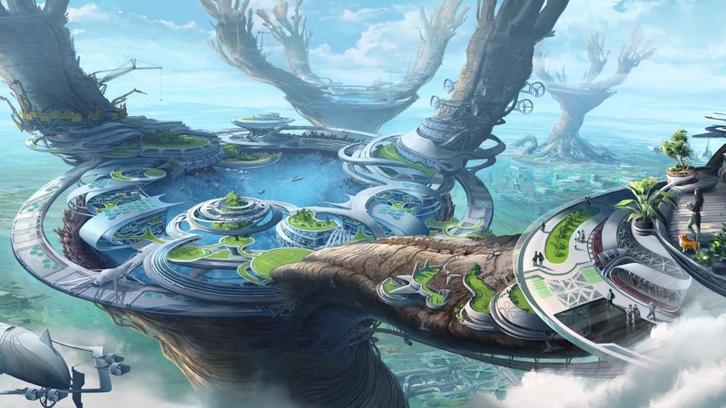 赛博都市浮空飞艇与机械吊臂的奇幻壁纸
