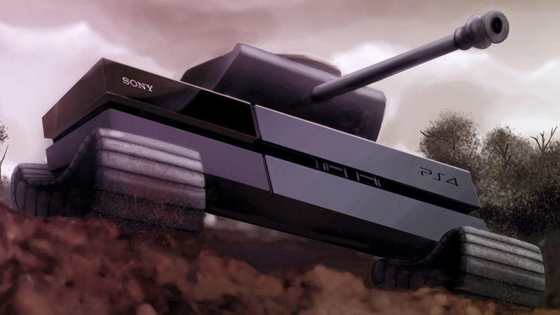 这张壁纸的核心元素是PS4和坦克的战争场景