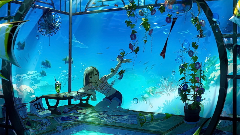 黑发少女水下水族馆奇遇 高清壁纸