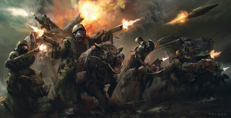 末日科幻战场：人猿与野猪军团的数字插画