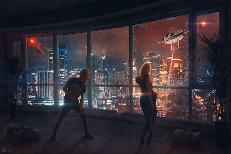 叶夫根尼·昆古尔数字艺术壁纸：碎玻璃、都市、直升机与警队