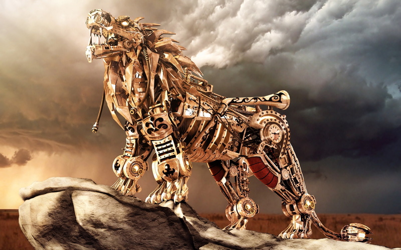 2011年超酷高清动物插画壁纸 狮子和机器人的奇幻天空秀
