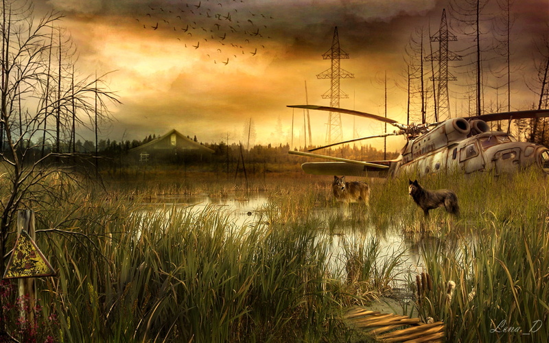 潜行者风高清壁纸：高压线、直升机、沼泽狼群与辐射标识