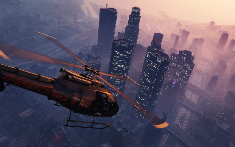 GTA风格都市自然日落壁纸，无人空旷摩天楼外景