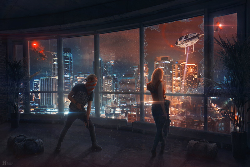 壁纸：叶夫根尼·昆古尔笔下的破碎玻璃都市与直升机夜景