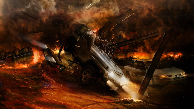 末日废墟幻想壁纸 直升机汽车爆炸场景