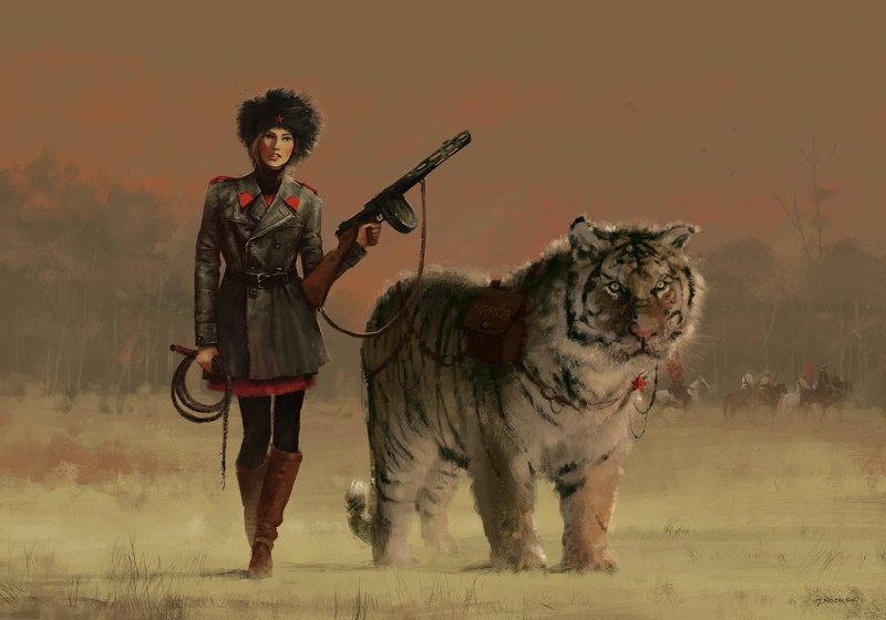 俄式女兵与猛虎的1080P数字插画壁纸