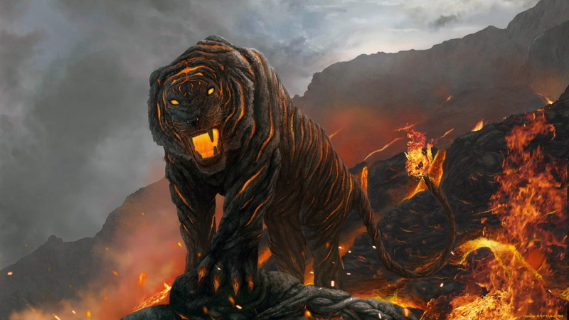 3D抽象风火山火焰猛虎壁纸 高清1080P橙棕地狱氛围感