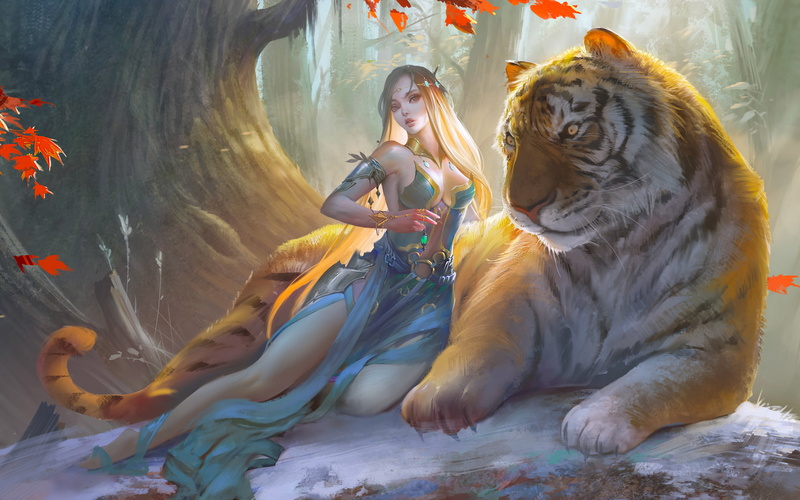 金发长裙幻想少女与大猫的绝美壁纸