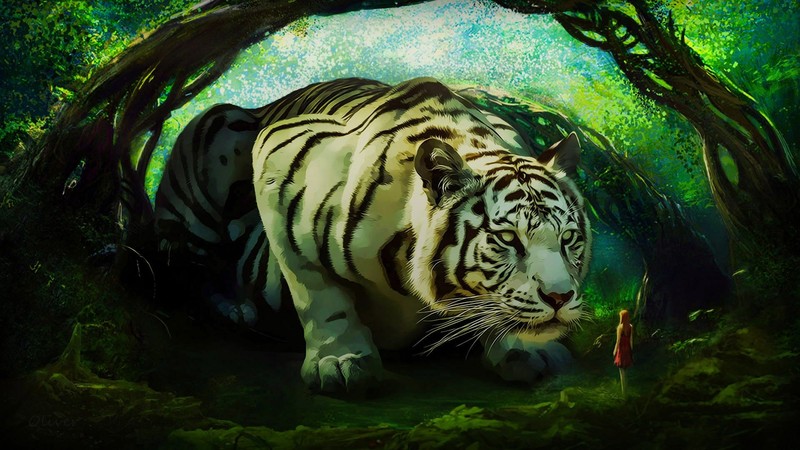 绝美奇幻数字壁纸合集：少女、猛虎与森林巨物