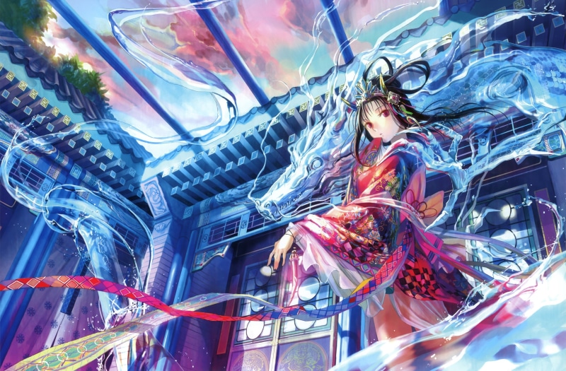 富士巧克力和风龙娘壁纸 黑发红眼绝美二次元少女
