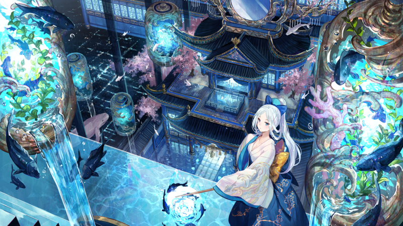 绝美二次元少女与鱼的幻想风壁纸