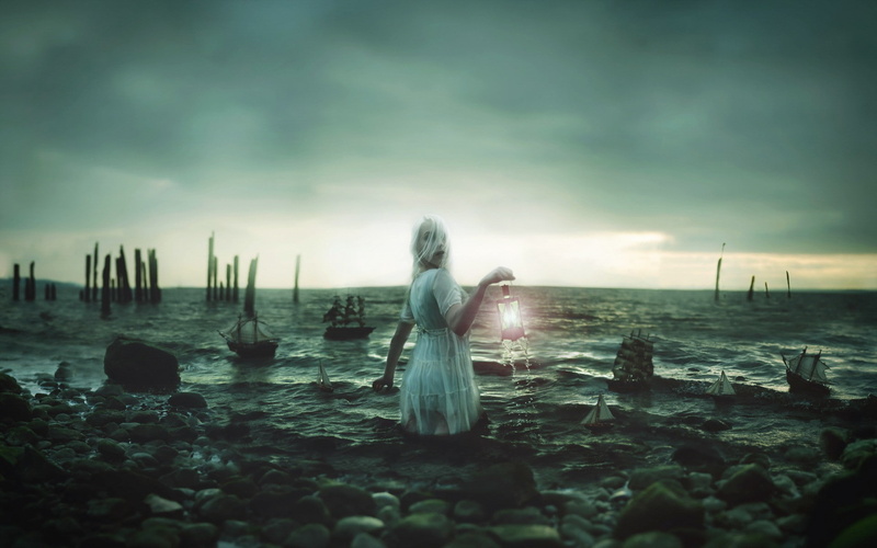 提灯幻想少女海边静谧画面